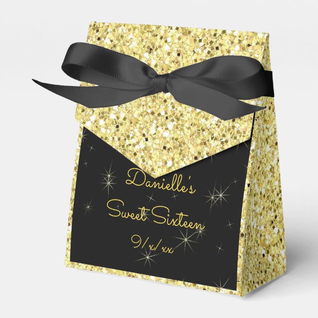 Elegant Gold, Faux Glitter, Sweet Sixteen Favor Box (Front Side)