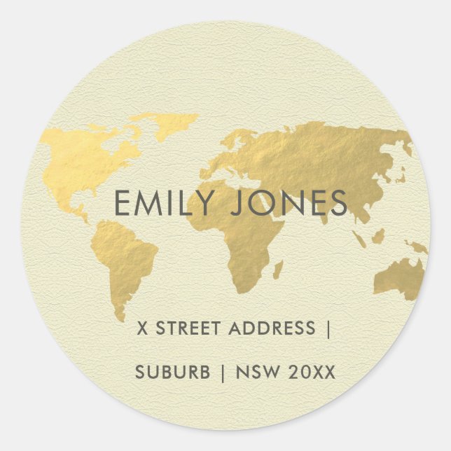 ELEGANT GOLD FAUX KRAFT WORLD MAP PERSONALIZED CLASSIC ROUND STICKER (Front)