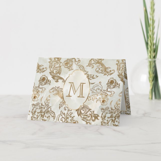 Elegant Gold Faux Marble Monogram Note Card (Front)