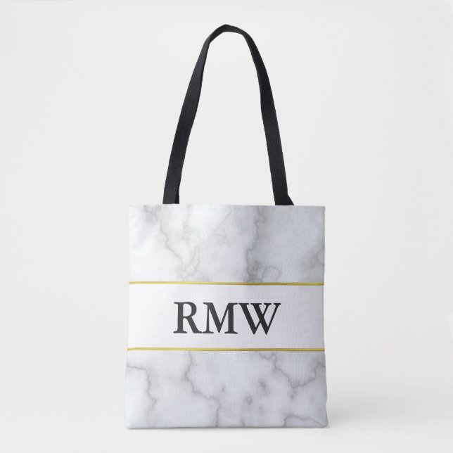 Elegant Gold Faux White Marble Initials Monogram Tote Bag (Front)