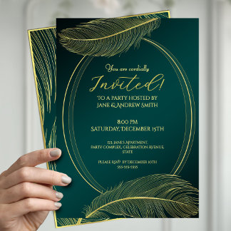 Elegant Gold Feather Oval Frame Invitation Card On