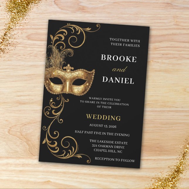 Elegant Gold Feathered Masquerade Wedding Invitation (Creator Uploaded)