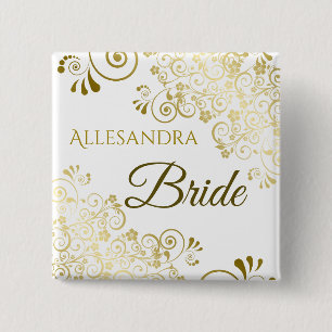 Elegant Gold Filigree Bride Wedding Name Tag 2 Inch Square Button