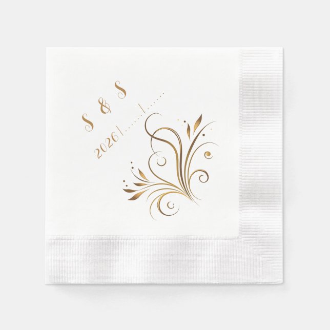 Elegant Gold Filigree & Leaf Flourish Wedding Napkin (Front)