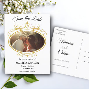 Elegant Gold Filigree on White, Save the Date Postcard