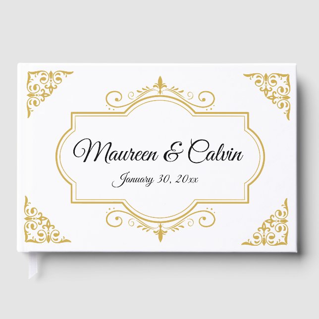 Elegant Gold Filigree on White, Wedding Guest Book (Front)