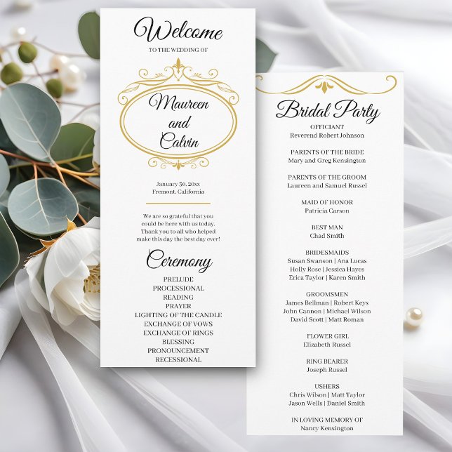 Elegant Gold Filigree on White Wedding Program (Creator Uploaded)