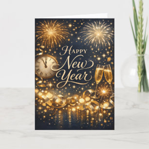 Elegant Gold Fireworks Midnight Happy New Year Holiday Card