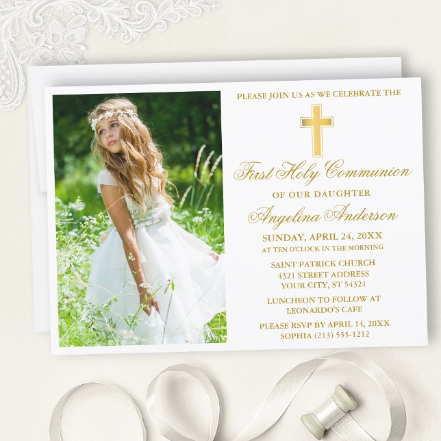 Elegant Gold First Communion Photo Invitation (Customize to change text color, size, style or to add more text to back of card.)