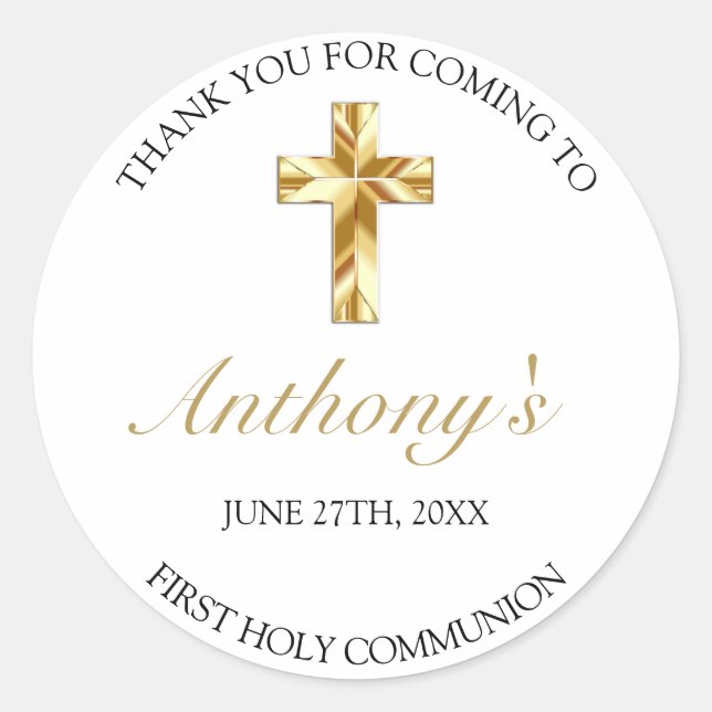 Elegant Gold First Holy Communion Thank You Classic Round Sticker (Front)