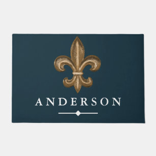 Elegant Gold Fleur de Lis & Navy   Personalized Doormat