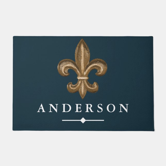 Elegant Gold Fleur de Lis & Navy | Personalized Doormat (Front)