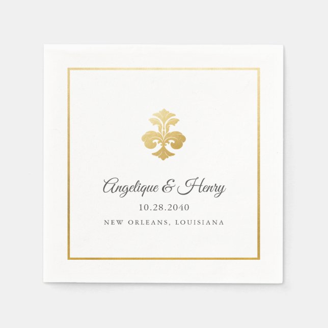Elegant Gold Fleur de Lis Personalized Wedding  Napkin (Front)