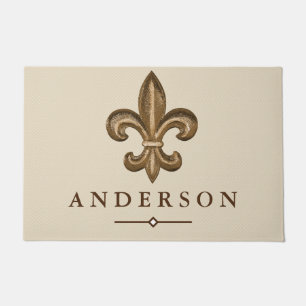 Elegant Gold Fleur de Lis & Taupe   Personalized Doormat