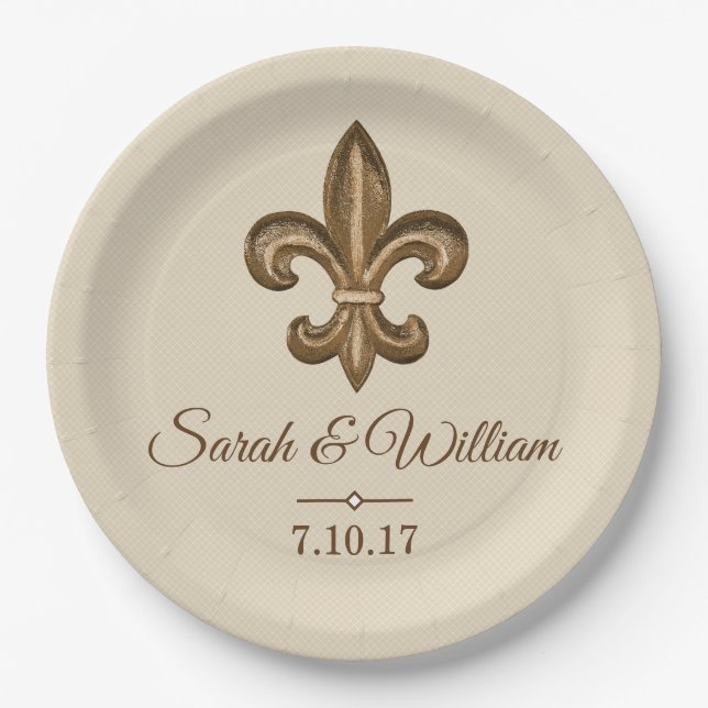 Elegant Gold Fleur de Lis & Taupe | Personalized Paper Plate (Front)
