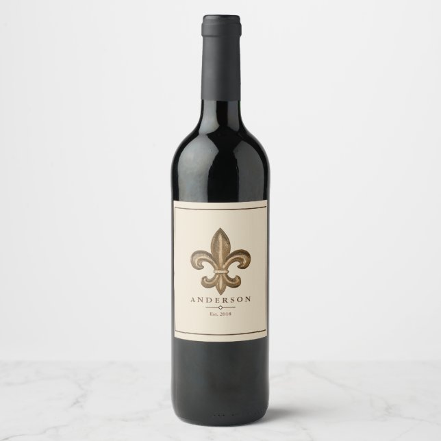 Elegant Gold Fleur de Lis & Taupe | Personalized Wine Label (Front)