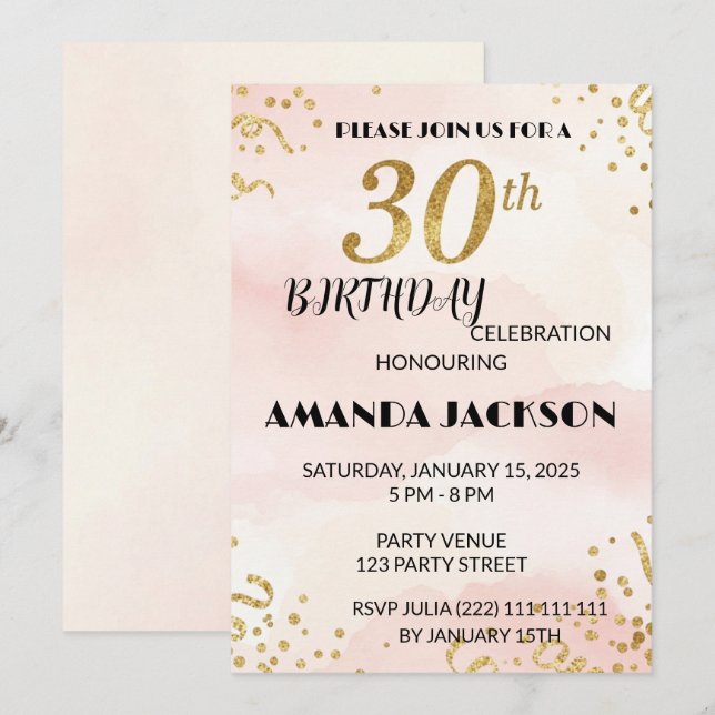 Elegant Gold Floral 30th Birthday Invitation (Front/Back)