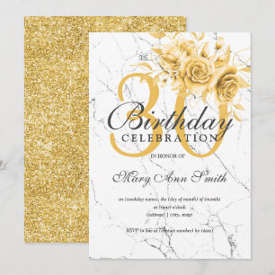 Elegant Gold Floral 30th Birthday Party Marble Invitation