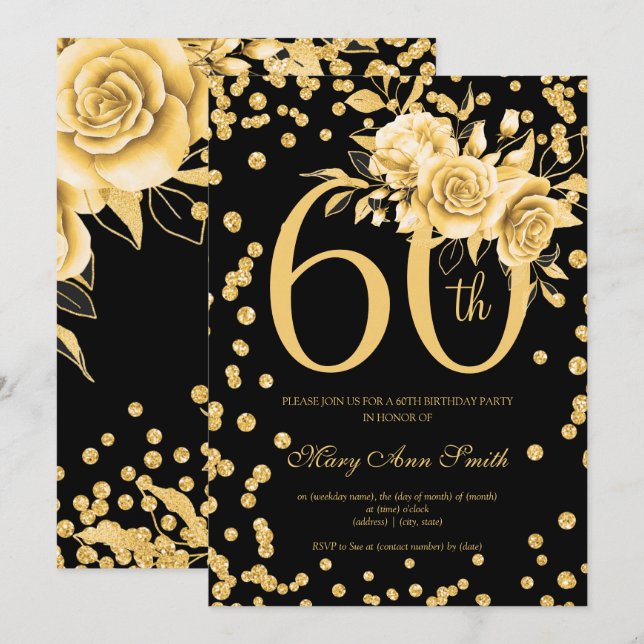 Elegant Gold Floral 60th Birthday Party Black  Invitation (Front/Back)