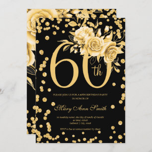 Elegant Gold Floral 60th Birthday Party Black  Invitation