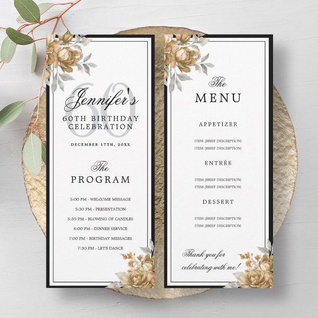 Elegant Gold Floral 60th Birthday Program Menu  (Elegant Gold Floral 60th Birthday Program Menu )
