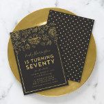Elegant Gold Floral 70th Birthday Party Invitation<br><div class="desc">Elegant Floral 70th Birthday Party invitation featuring faux gold foil floral and border against a dark grey background on the front. Invitation has a faux gold polka dot pattern against a dark grey background back side. Personalize this invitation with your details by replacing the placeholder text. For more options such...</div>