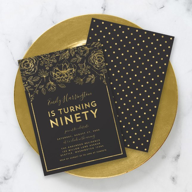 Elegant Gold Floral 90th Birthday Party Invitation (Creator Uploaded)