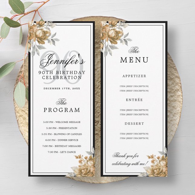 Elegant Gold Floral 90th Birthday Program Menu  (Elegant Gold Floral 90th Birthday Program Menu)