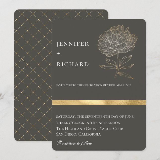 Elegant Gold Floral Botanical Grey Wedding Invitation (Front/Back)