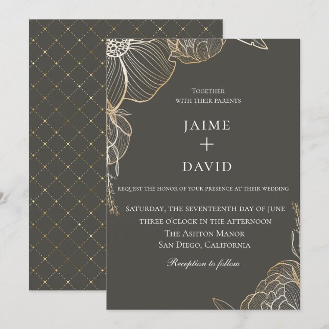 Elegant Gold Floral Botanical Wedding Invitation (Front/Back)