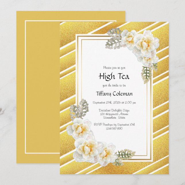 Elegant Gold Floral Bridal High Tea Invitation (Front/Back)