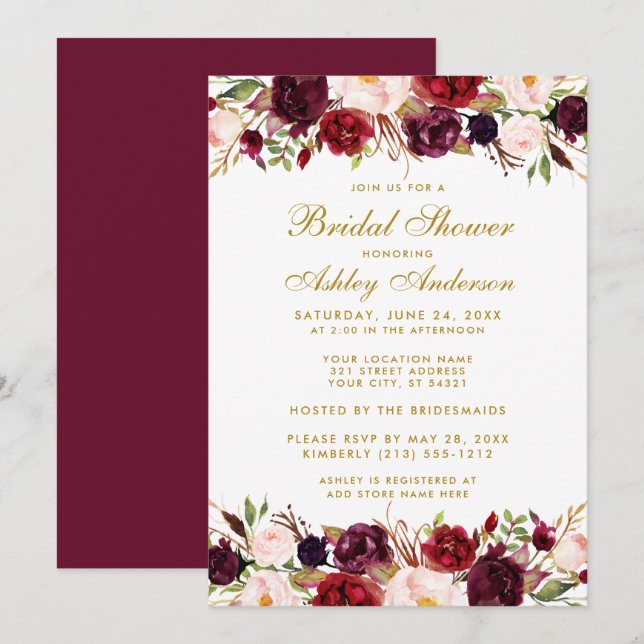 Elegant  Gold Floral Burgundy Bridal Shower Invitation (Front/Back)