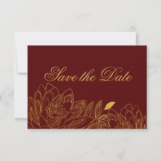 Elegant Gold Floral & Burgundy Save the Date Card (Front)