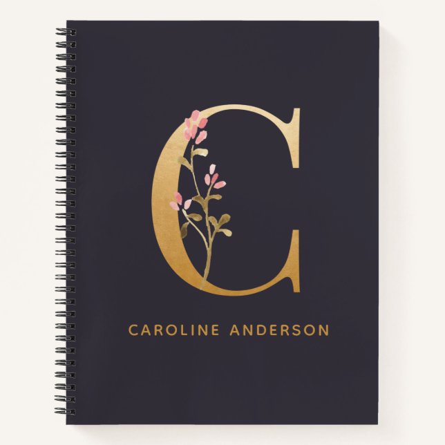 Elegant Gold Floral C Monogram Chic Personalized Notebook (Front)
