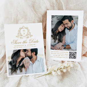 Elegant Gold Floral Crest Monogram Photo Wedding Save The Date