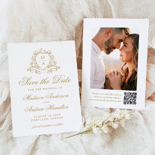 Elegant Gold Floral Crest Monogram Photo Wedding Save The Date