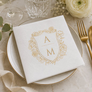 Elegant Gold Floral Crest Monogram Wedding Foil Napkins