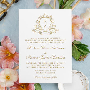 Elegant Gold Floral Crest Monogram Wedding Invitation