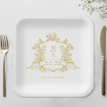 Elegant Gold Floral Crest Monogram Wedding Paper Plate<br><div class="desc">Classic gold floral crest wedding paper plate with monograms,  perfect for a modern classic or romantic vintage wedding. For more advanced customization of this design,  please click the BLUE DESIGN TOOL BUTTON above! Matching items are also available.</div>