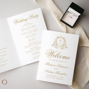 Elegant Gold Floral Crest Monogram Wedding Program