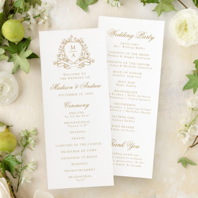 Elegant Gold Floral Crest Monogram Wedding Program (Creator Uploaded)