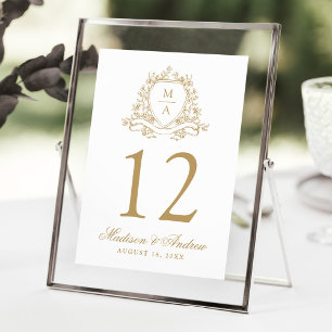 Elegant Gold Floral Crest Wedding Table Number