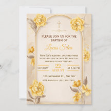 Elegant Gold Floral Cross Baptism Invitation