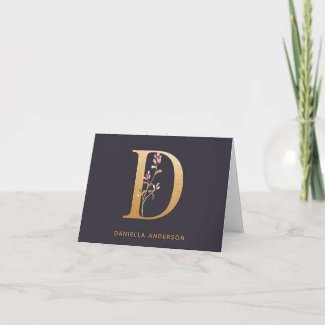 Elegant Gold Floral D Monogram Chic Personalized Note Card (Front)