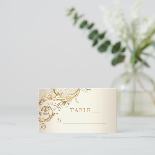 Elegant Gold Floral Damask Monogram Ivory Wedding Place Card (Standing Front)