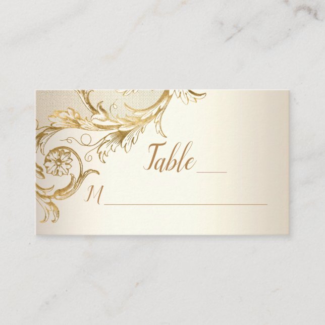 Elegant Gold Floral Damask Script Monogram Wedding Place Card (Front)