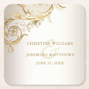 Elegant Gold Floral Damask Shiny Champagne Wedding Square Paper Coaster