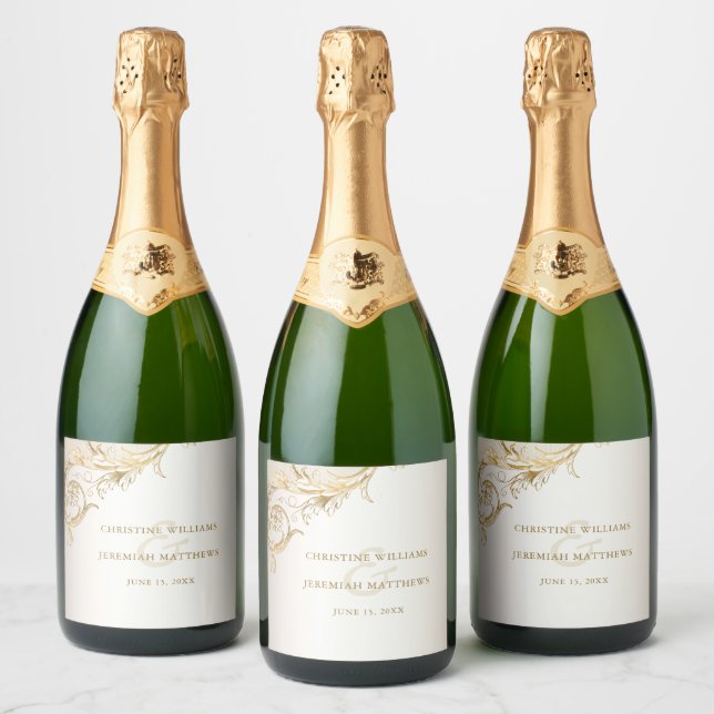 Elegant Gold Floral Damask Shiny Sparkling Wine We Sparkling Wine Label (Bottles)