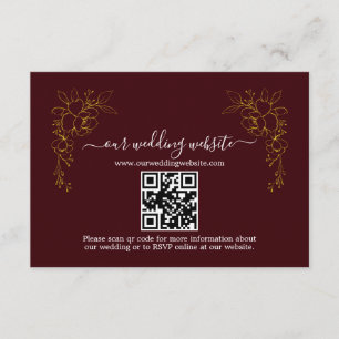 Elegant Gold Floral Deep Burgundy QR Code Wedding  Enclosure Card