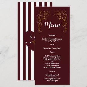 Elegant Gold Floral Deep Burgundy Stripes Wedding Menu
